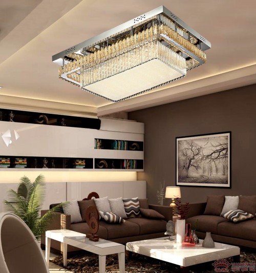 Đèn áp trần thiết kế hình chữ nhật 2 tầng pha lê ấn tượng