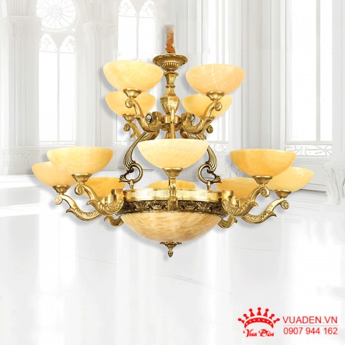 Đèn chùm đồng 12 tay chao đá kiểu dáng sang trọng ấn tượng
