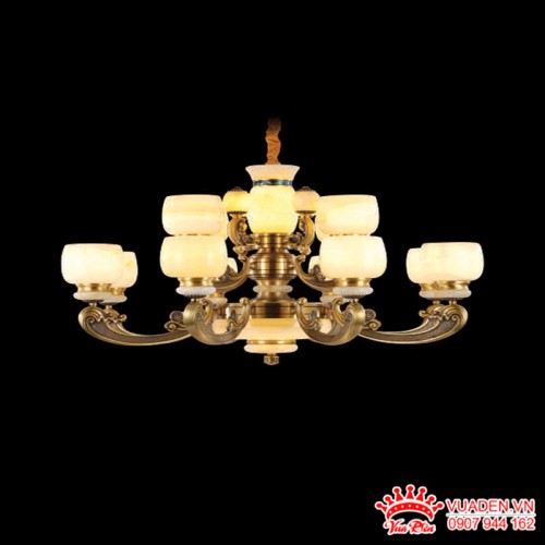 Đèn chùm đồng chao đá bạch ngọc thiết kế tinh xảo độc đáo
