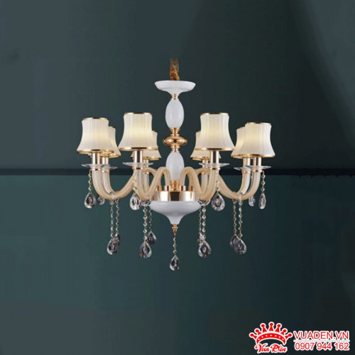 Đèn chùm pha lê kết hợp chao thủy tinh cao cấp sang trọng