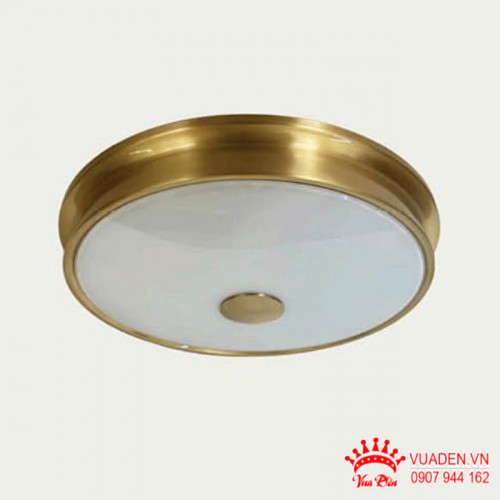 Đèn ốp trần mâm tròn chao thủy tinh viền đồng nguyên chất