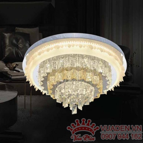 Đèn ốp trần pha lê mâm inox viền pha lê sang trọng